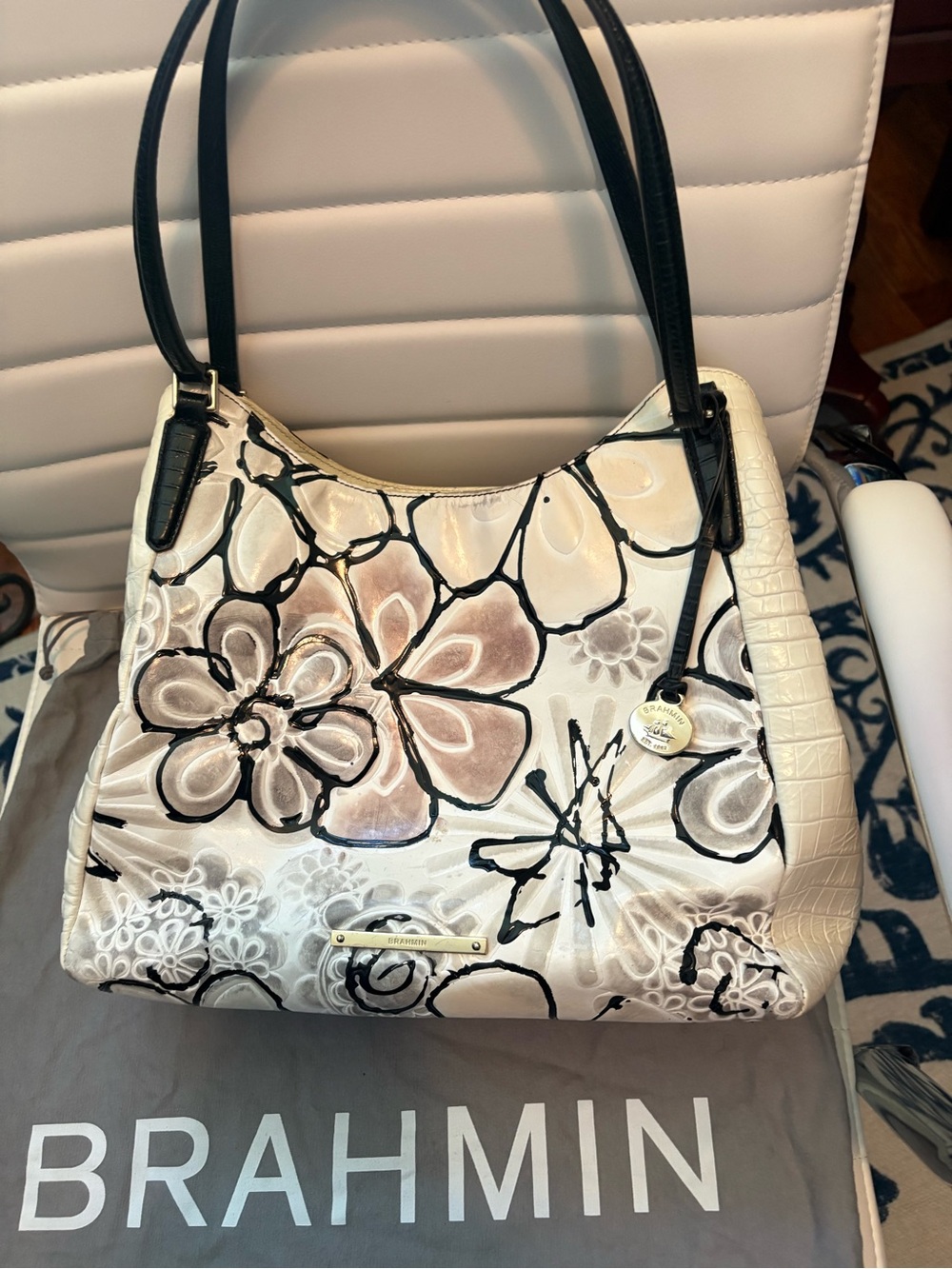 Brahmin Cream, Black and Taupe Floral Leather Shoulder Tote